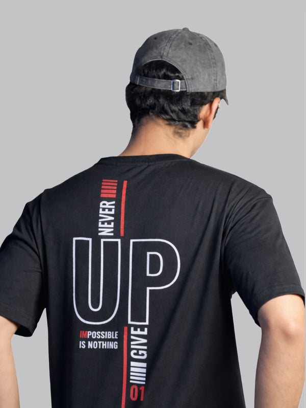 Mehrosh Black Print Slogan Tee – Never Give Up alt