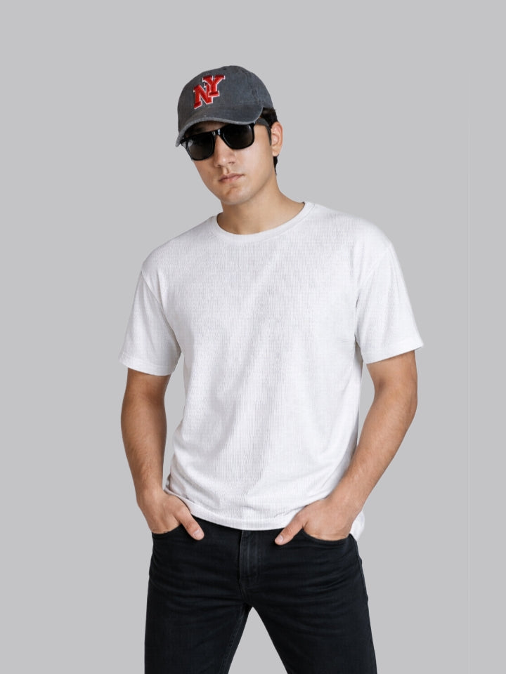 Mehrosh White Waffle Knit Relaxed Fit Drop Shoulder Tee
