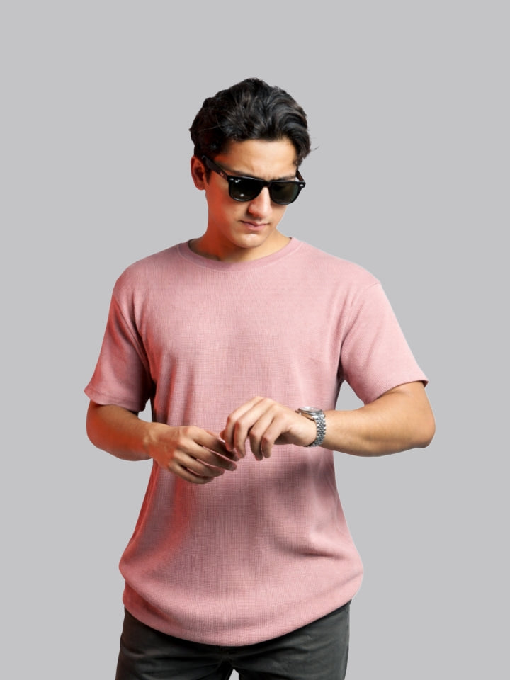 Mehrosh Pink Waffle Knit Relaxed Fit Drop Shoulder Tee