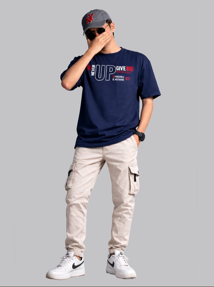 Mehrosh Navy Print Slogan Tee – Never Give Up