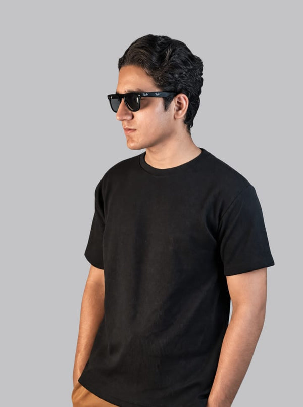 Mehrosh Black Waffle Knit Relaxed Fit Drop Shoulder Tee alt