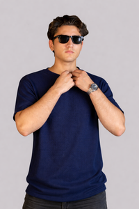 Mehrosh Navy Waffle Knit Relaxed Fit Drop Shoulder Tee 4